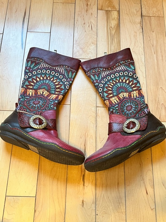 Socofy Shoes - Socofy Tapestry and Leather Tall boots zip up side decorative silver buckle 39